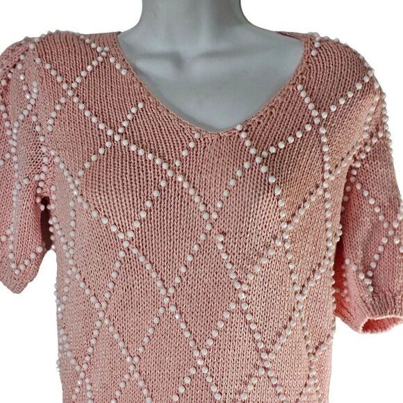 Vintage 80s Lillie Rubin Sweater Womens Size Small Pink White Beads Faux Pearls - Picture 2 of 8